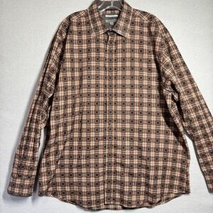 Johnston & Murphy Shirt Mens XL Brown Plaid Tailored Fit Button Front Casual